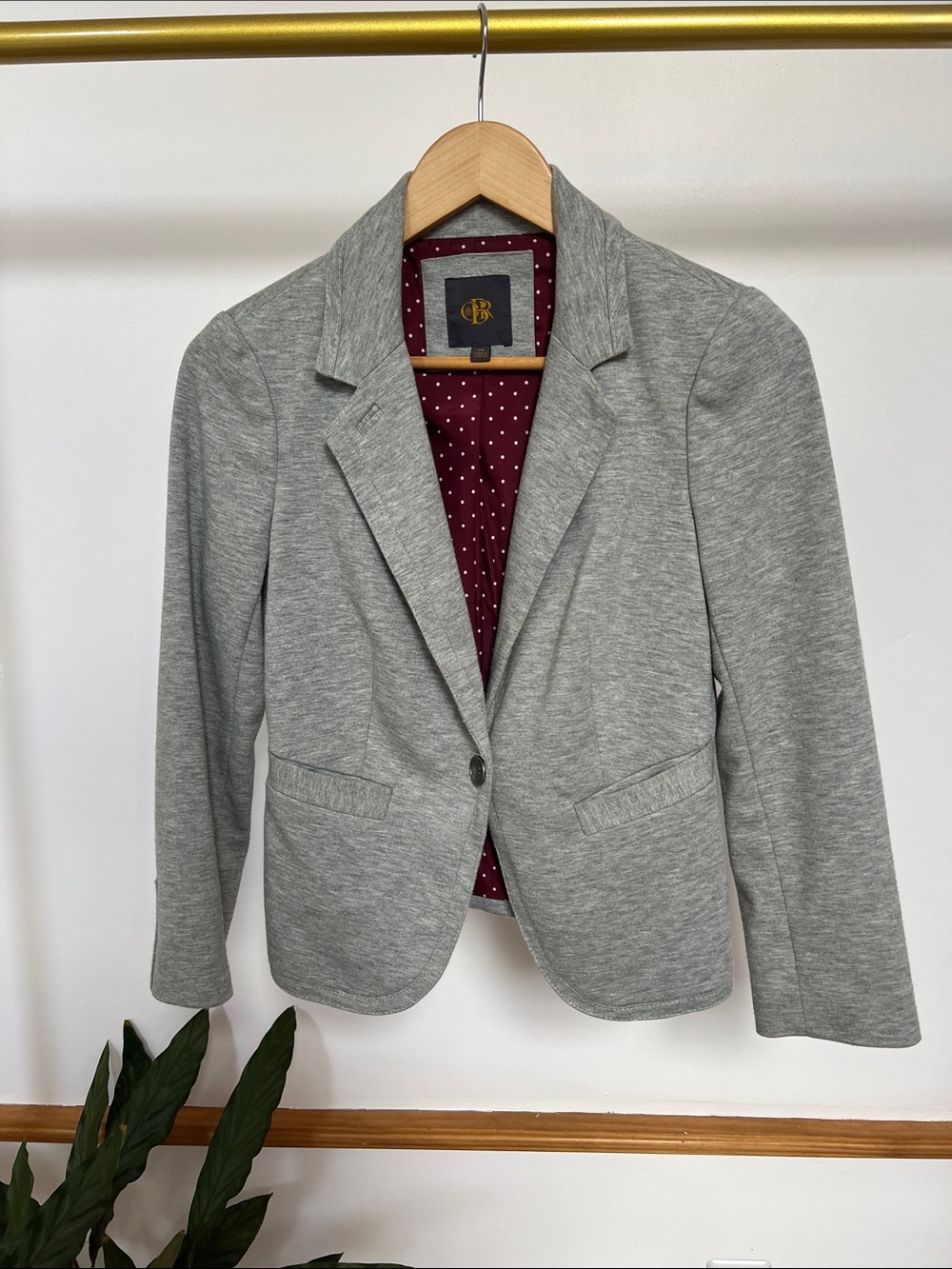 Banana Republic Heather Gray Single-Button Knit Blazer with Polka Dot Lining